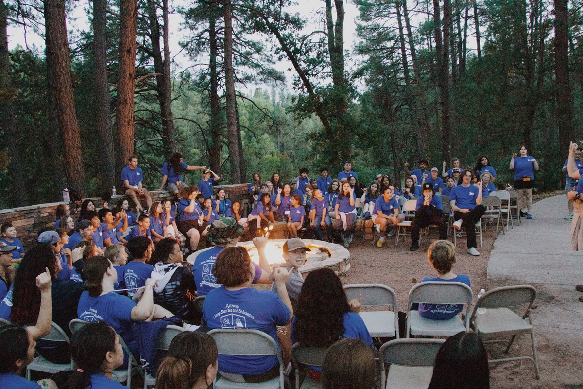 Arizona Camp Sunrise and Sidekicks Southwest Kids Cancer Foundation group photo, camp fire